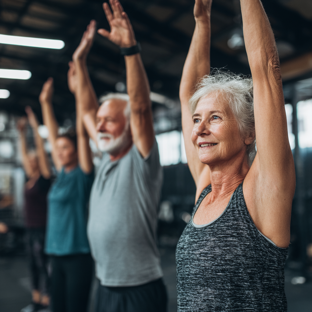 Група людей 50-60 років виконує функціональні вправи разом з тренером у просторому залі
