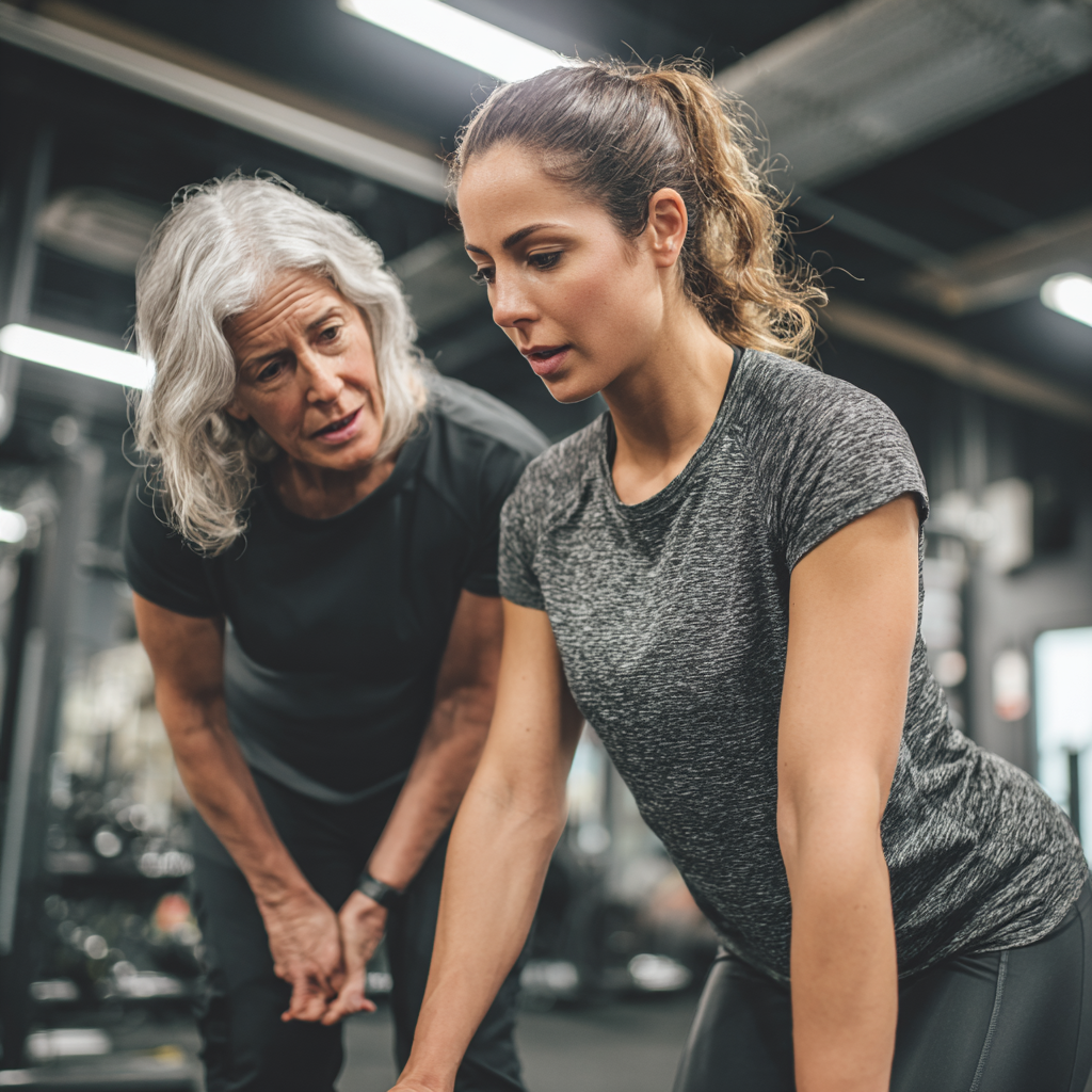 Професійний тренер консультує жінку 52 років щодо правильної техніки виконання вправ