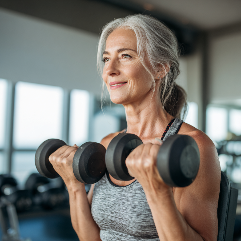 Енергійна жінка 55 років під час силового тренування з гантелями в сучасному спортзалі