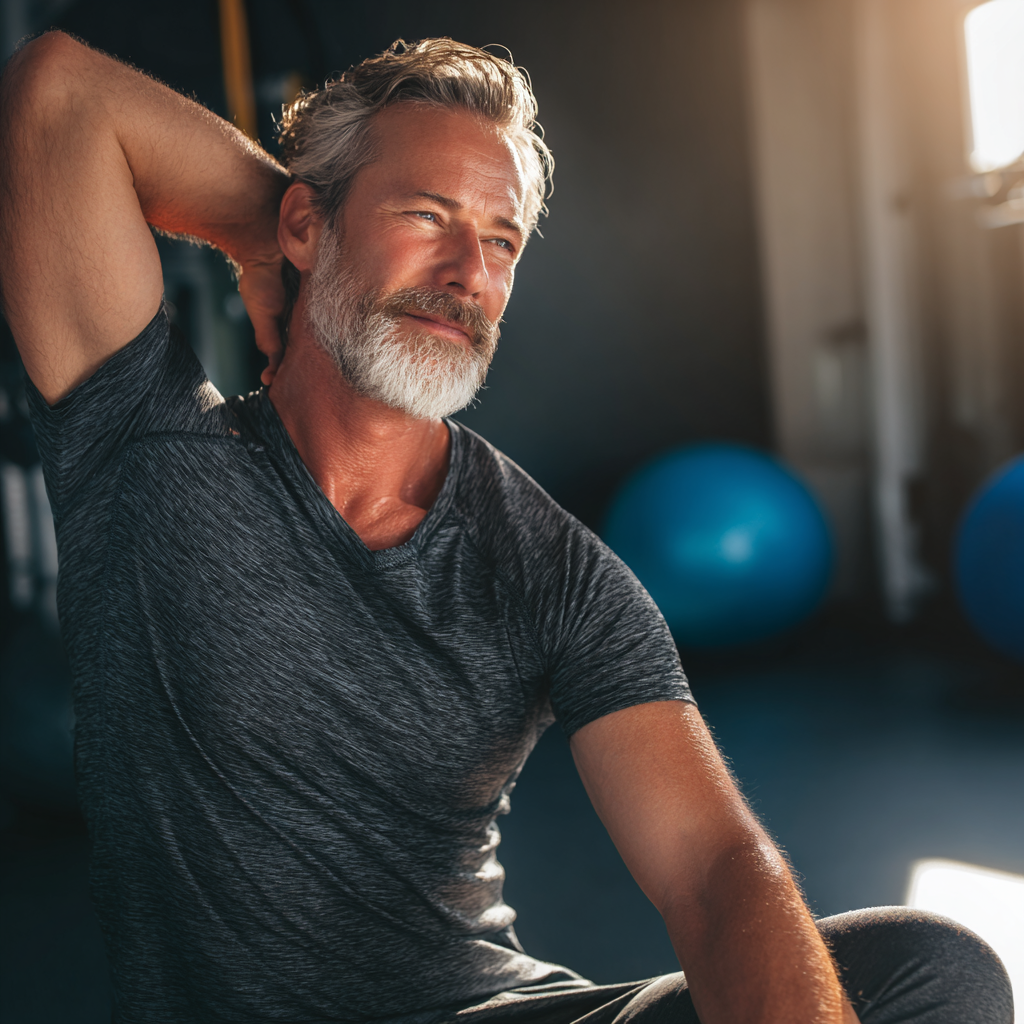 Розслаблений чоловік 58 років виконує розтяжку після тренування у світлому фітнес-залі